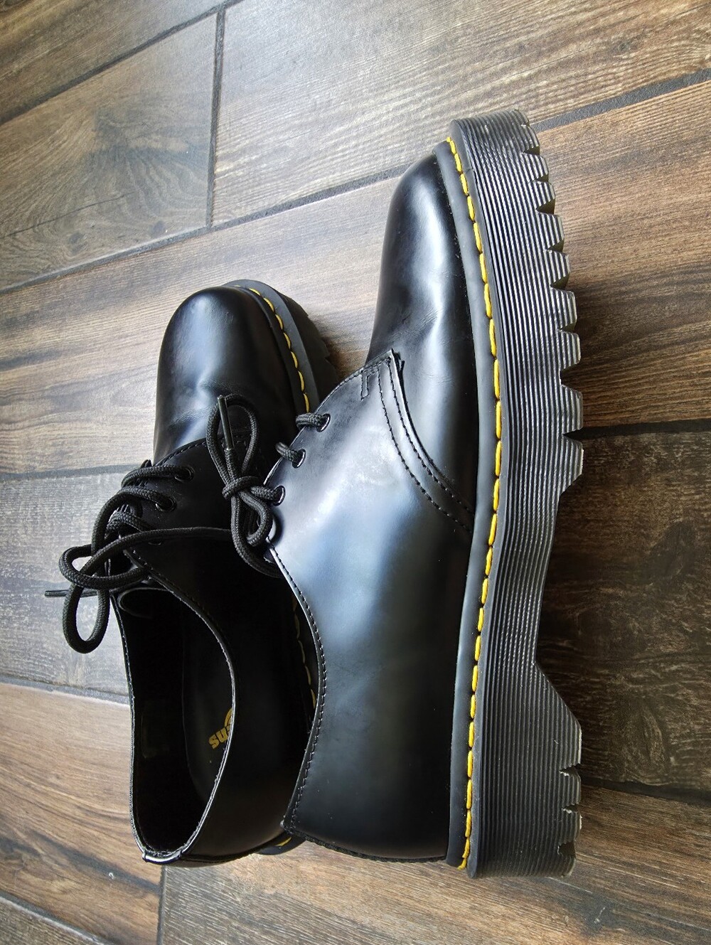 Dr. Martens Black Leather Smooth Oxford  Shoes with Yellow Stitch